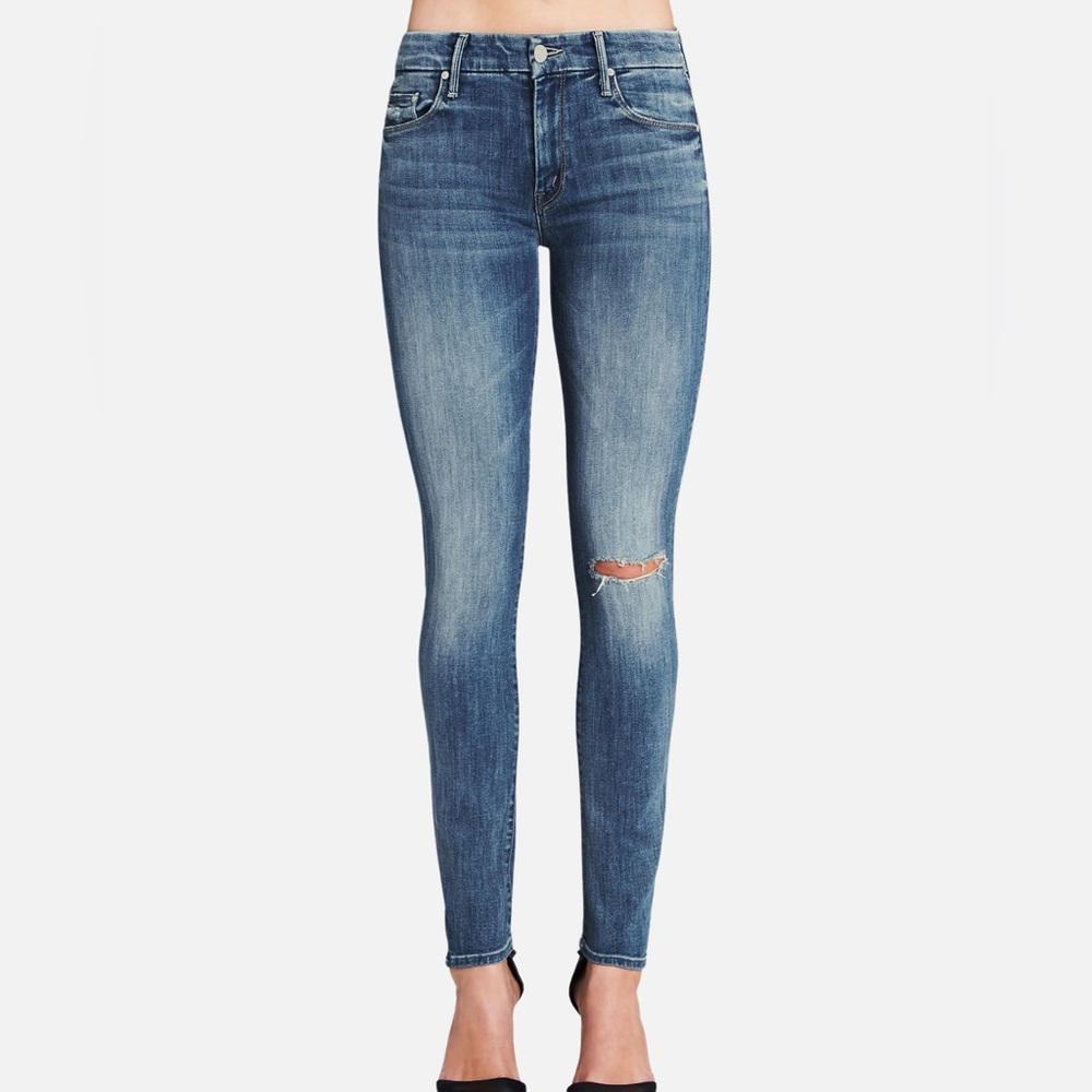 MOTHER Blue Distressed Skinny Jeans